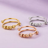 Stainless Steel Round Spinner Beaded Shiny Adjustable Cuff Ring Rose Gold Silver R260 product image 1