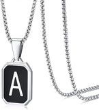 Stainless Steel Enamel Letter Rectangle Box Band Chain Smooth Pendant Necklace Silver Rose Gold Black Light Blue N155