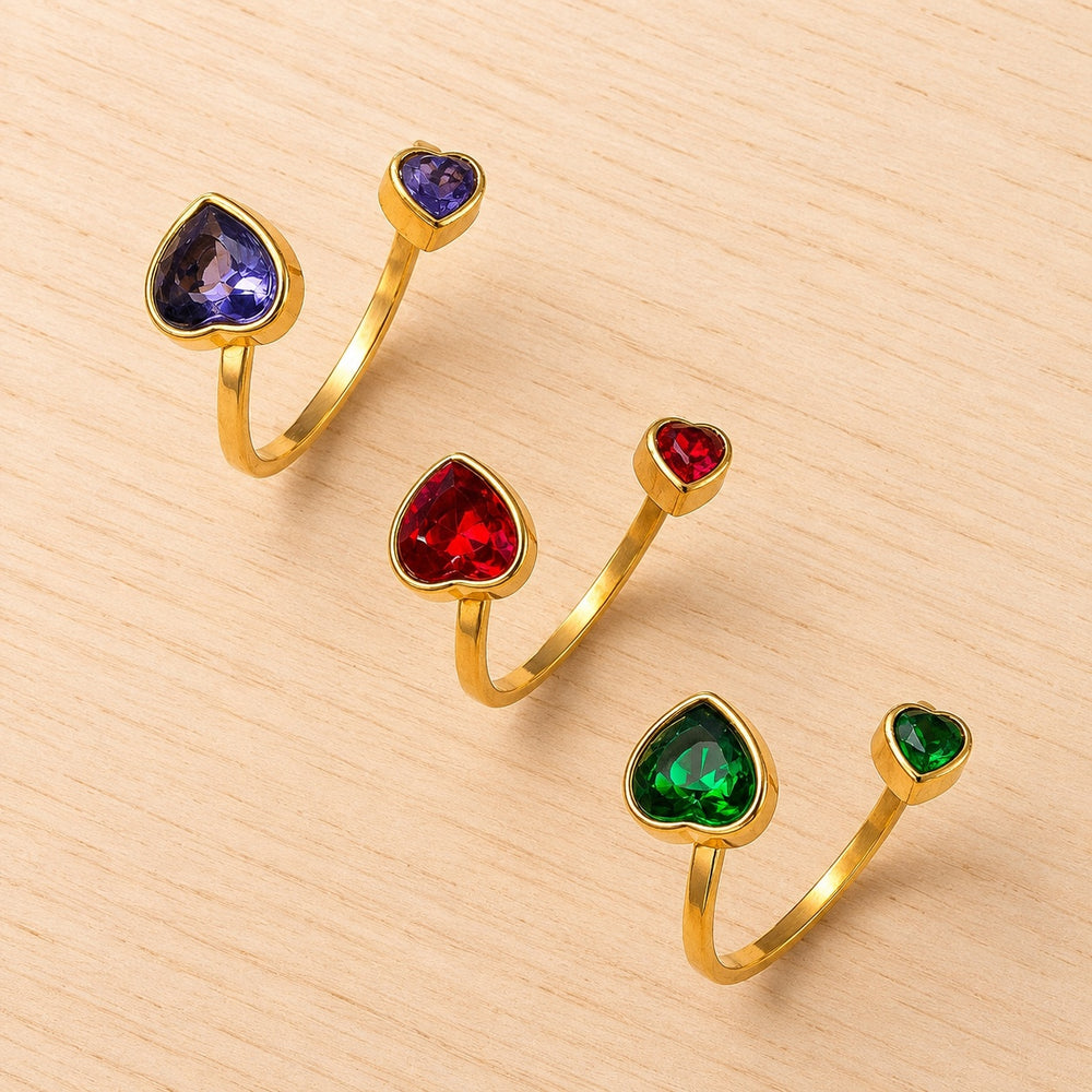Stainless Steel Cubic Zirconia Pave Heart Polished Open Ring Green Gold Red R262 product image 1