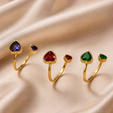 Stainless Steel Cubic Zirconia Pave Heart Polished Open Ring Green Gold Red R262 product image 3