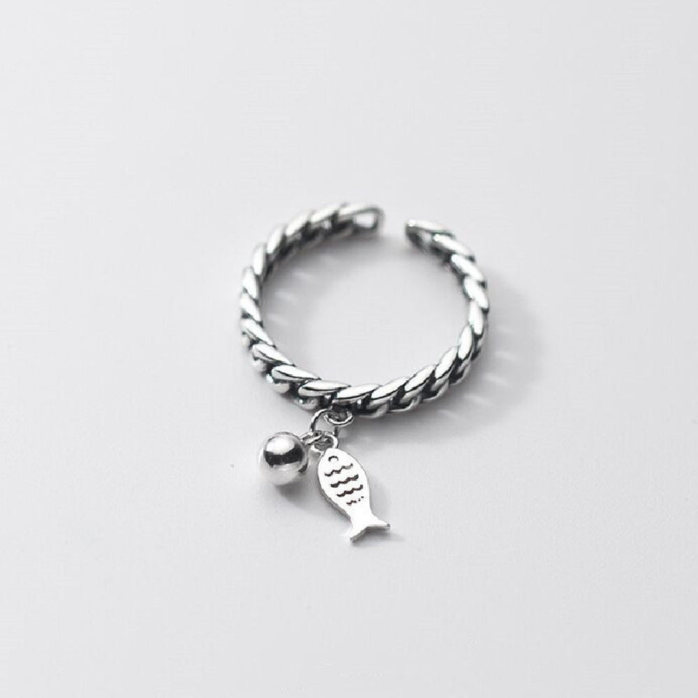 Fish Womens Shiny Twisted Band Fish-Shaped Charm Adjustable Open Ring Antique Silver R264 product image 1