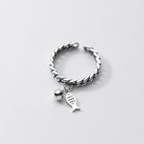 Fish Womens Shiny Twisted Band Fish-Shaped Charm Adjustable Open Ring Antique Silver R264 product image 1