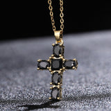 Rhinestone Cross Crystal Jet Polished Pendant Necklace Black Clear Gold 15.75 in N156