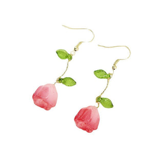 Resin Drop Flower Zinc Light Smooth Glossy Leaf Dangle Earrings Hot Pink Gold 2.28 in E165 product image 1