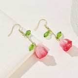 Resin Drop Flower Zinc Light Smooth Glossy Leaf Dangle Earrings Hot Pink Gold 2.28 in E165 product image 2