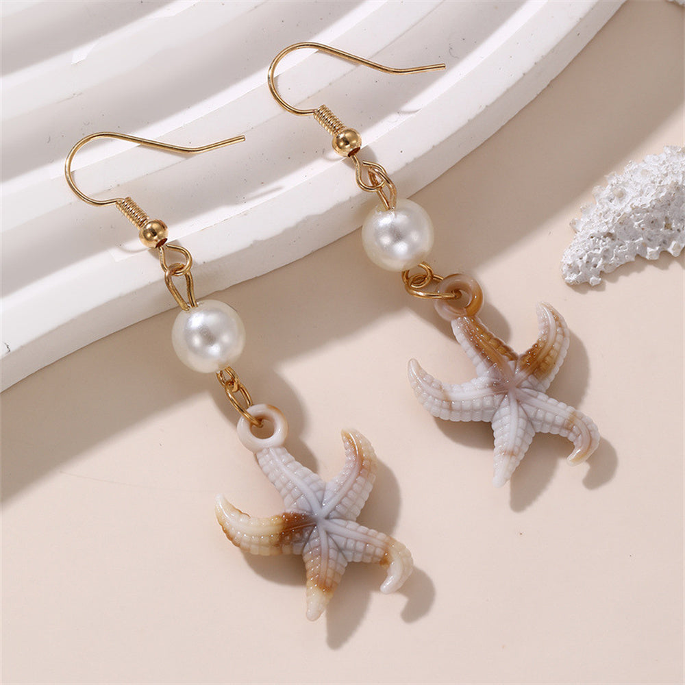 Shell Drop Starfish Bohemian Seashell Color Smooth Glossy Star Pearl Dangle Earrings Gold 2.17 in E167 product image 1