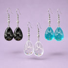 Resin Drop Teardrop Flower Polished Glossy Dangle Earrings Black Clear Silver 2.22 in E168 product image 1