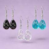 Resin Drop Teardrop Flower Polished Glossy Dangle Earrings Black Clear Silver 2.22 in E168 product image 1