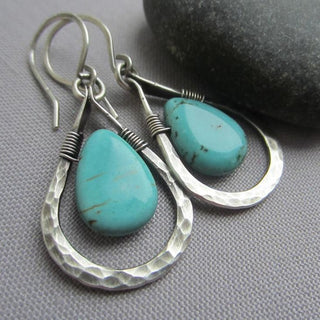 Drop Teardrop Hammered Teardrop-Shaped Stones Dangle Earrings Turquoise Silver 1.42 in E169 product image 1