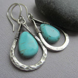 Drop Teardrop Hammered Teardrop-Shaped Stones Dangle Earrings Turquoise Silver 1.42 in E169 product image 1