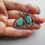 Drop Teardrop Hammered Teardrop-Shaped Stones Dangle Earrings Turquoise Silver 1.42 in E169 product image 3