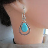 Drop Teardrop Hammered Teardrop-Shaped Stones Dangle Earrings Turquoise Silver 1.42 in E169 product image 4