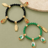 Human Virgin Mary Faceted Religious Beaded Smooth Adjustable Stretch Bracelet Green Black T160 product image 1