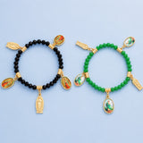 Human Virgin Mary Faceted Religious Beaded Smooth Adjustable Stretch Bracelet Green Black T160 product image 3