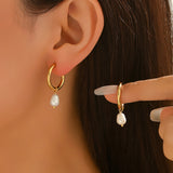 Stainless Steel Pearl Teardrop Freshwater Shiny Hoop Earrings White Gold 1.18 in E171 product image 1