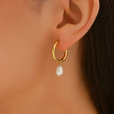 Stainless Steel Pearl Teardrop Freshwater Shiny Hoop Earrings White Gold 1.18 in E171 product image 2