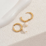 Stainless Steel Pearl Teardrop Freshwater Shiny Hoop Earrings White Gold 1.18 in E171 product image 3