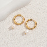 Stainless Steel Pearl Teardrop Freshwater Shiny Hoop Earrings White Gold 1.18 in E171 product image 4