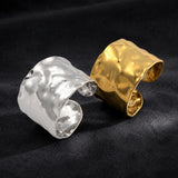 18K Gold-Plated Stainless Steel Wide Band Hammered Adjustable Open Cuff Ring Silver R268 product image 2