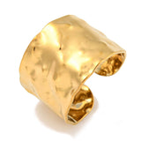 18K Gold-Plated Stainless Steel Wide Band Hammered Adjustable Open Cuff Ring Silver R268