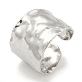 18K Gold-Plated Stainless Steel Wide Band Hammered Adjustable Open Cuff Ring Silver R268