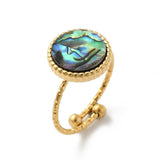 18K Gold-Plated Stainless Steel Shell Flat Round Womens Polished Textured Oval Adjustable Cuff Ring R272 product image 1