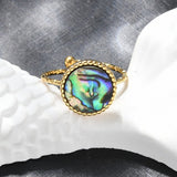 18K Gold-Plated Stainless Steel Shell Flat Round Womens Polished Textured Oval Adjustable Cuff Ring R272 product image 2