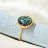 18K Gold-Plated Stainless Steel Shell Flat Round Womens Polished Textured Oval Adjustable Cuff Ring R272 product image 3