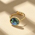 18K Gold-Plated Stainless Steel Shell Flat Round Womens Polished Textured Oval Adjustable Cuff Ring R272 product image 4