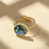 18K Gold-Plated Stainless Steel Shell Flat Round Womens Polished Textured Oval Adjustable Cuff Ring R272 product image 4