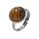 Stainless Steel Agate Tiger Eye Quartz Jasper Smooth Round Oval Adjustable Ring Black Silver R275