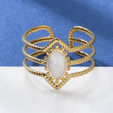 18K Gold-Plated Stainless Steel Enamel Horse Eye Polished Textured Oval Rope Adjustable Cuff Ring White R276 product image 1