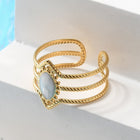 18K Gold-Plated Stainless Steel Enamel Horse Eye Polished Textured Oval Rope Adjustable Cuff Ring White R276 product image 2