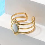 18K Gold-Plated Stainless Steel Enamel Horse Eye Polished Textured Oval Rope Adjustable Cuff Ring White R276 product image 2