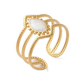18K Gold-Plated Stainless Steel Enamel Horse Eye Polished Textured Oval Rope Adjustable Cuff Ring White R276 product image 5
