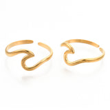 18K Gold-Plated Stainless Steel Ocean Womens Smooth Shiny Adjustable Cuff Ring Silver R278