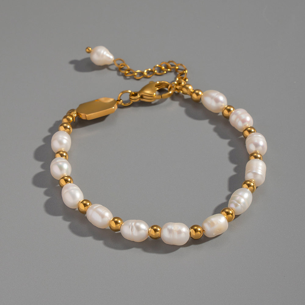 18K Gold-Plated Stainless Steel Pearl Rice Seashell Color Smooth Polished Matte Round Square Lobster Clasp Beaded Bracelet