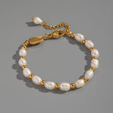 18K Gold-Plated Stainless Steel Pearl Rice Seashell Color Smooth Polished Matte Round Square Lobster Clasp Beaded Bracelet