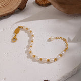 18K Gold-Plated Stainless Steel Pearl Rice Seashell Color Smooth Polished Matte Round Square Lobster Clasp Beaded Bracelet