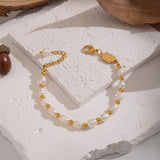 18K Gold-Plated Stainless Steel Pearl Rice Seashell Color Smooth Polished Matte Round Square Lobster Clasp Beaded Bracelet