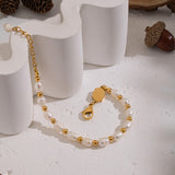 18K Gold-Plated Stainless Steel Pearl Rice Seashell Color Smooth Polished Matte Round Square Lobster Clasp Beaded Bracelet