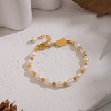 18K Gold-Plated Stainless Steel Pearl Rice Seashell Color Smooth Polished Matte Round Square Lobster Clasp Beaded Bracelet
