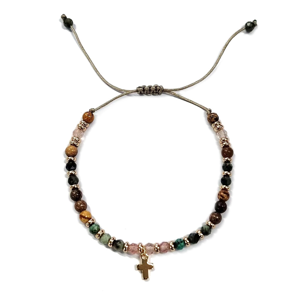 Gemstone Cross Religious Mens Womens Polished Round Beaded Bracelet Brown Black Green Orange 11 in T165 product image 1