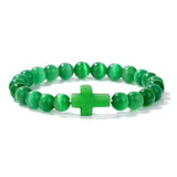 Glass Crystal Agate Cross Round Quartz Tiger Eye Beaded Smooth Adjustable Stretch Bracelet Green Black Pink Purple T167