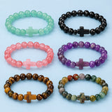 Glass Crystal Agate Cross Round Quartz Tiger Eye Beaded Smooth Adjustable Stretch Bracelet Green Black Pink Purple T167