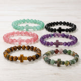 Glass Crystal Agate Cross Round Quartz Tiger Eye Beaded Smooth Adjustable Stretch Bracelet Green Black Pink Purple T167
