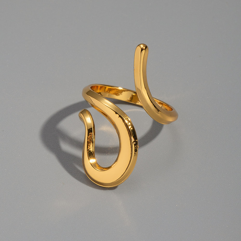 18K Gold-Plated Stainless Steel Womens Polished Shiny Curved Adjustable Cuff Ring R282 product image 1
