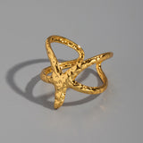 18K Gold-Plated Stainless Steel Starfish Ocean Womens Hammered Textured Star Adjustable Open Ring R283 product image 1