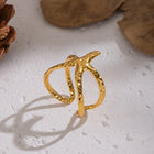 18K Gold-Plated Stainless Steel Starfish Ocean Womens Hammered Textured Star Adjustable Open Ring R283 product image 2