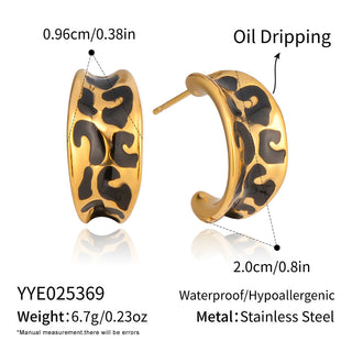 18K Gold-Plated Stainless Steel Enamel C-shaped Hoop Shape Black Patterned Designs Stud Earrings 0.79 in E176 product image 1